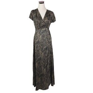 Aakaa Womens Dress Black Belted Maxi Short Sleeve Peasant Boho Surplice Med New